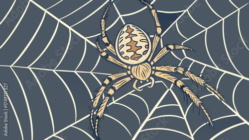 Detailed spider illustration on web background for halloween arachnid and insect themed designs