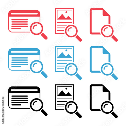 Set of Search result icon, research data report sign, analysis symbol vector illustration .