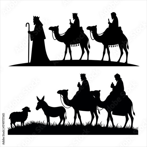Three Wise Men Silhouettes Traveling on Camels with Sheep and Donkey Illustration