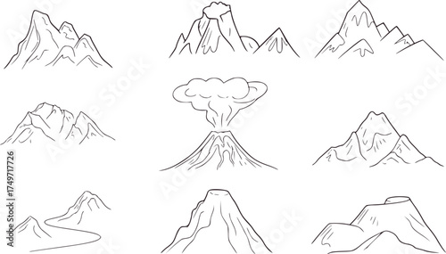 Mountain range and volcano line drawings mountains eruption