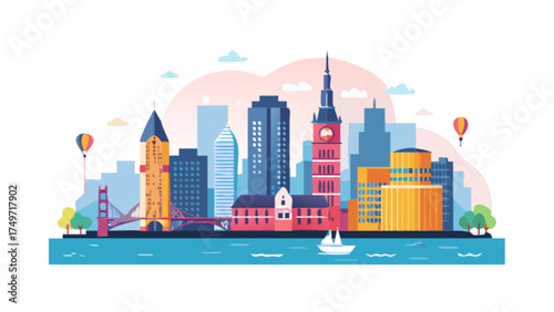 Cityscape illustration with skyscrapers bridge and hot air balloons vector art design template