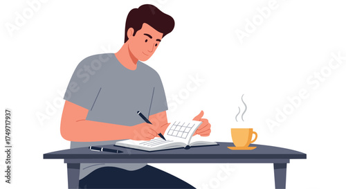 Man writing in a calendar notebook at a desk with coffee