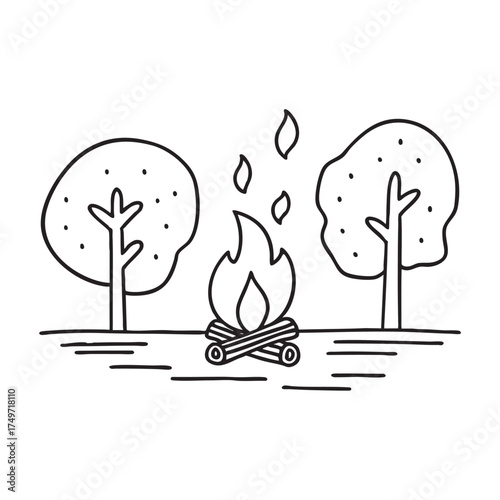 Woods near a campfire with flickering flames