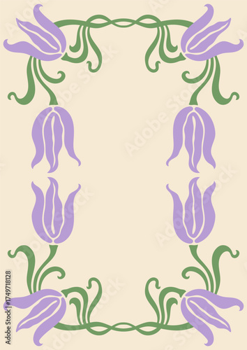 Art Nouveau style illustration vector poster. Vintage print design with abstract whimsical floral frame