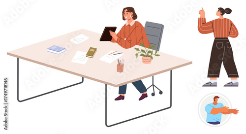 Woman working at desk with papers, tablet, and plant. Colleague gestures while another conceptually represents communication. Ideal for teamwork, office culture, creativity, productivity, leadership