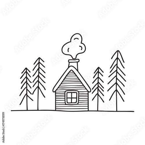 Woods near a cabin with smoke rising from the chimney