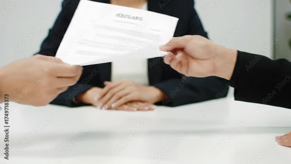 Tight medium video of a poised professional woman, late 30s, in dark suit, focused on hands receiving resume at white conference table, modern office job interview.