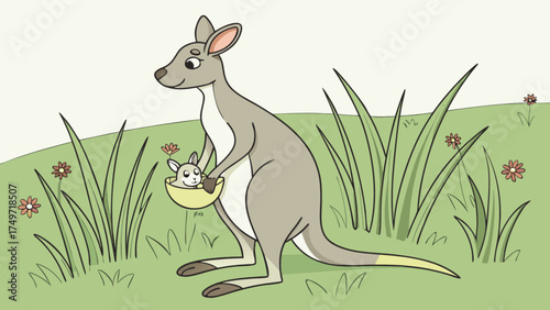 Cute kangaroo with baby joey in pouch vector illustration for kids wildlife animal drawing art