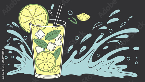 Refreshing summer mojito cocktail illustration with lime mint and ice cubes perfect for menu design