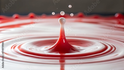 Red Liquid Droplet Impacting Surface Creating Ripples and Splash Macro Shot