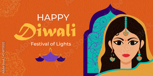 Happy Diwali.  Diwali festival Poster, background design with an Indian girls face, Diya Lamp and a floral Mandala. Festival of lights. Vector Indian ornaments, patterns.