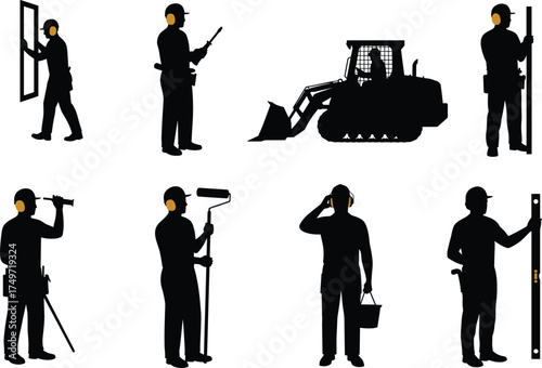 Construction workers silhouettes with tools, teamwork, heavy machinery, surveying, painting, framing, communication, and site management vector illustration design”
