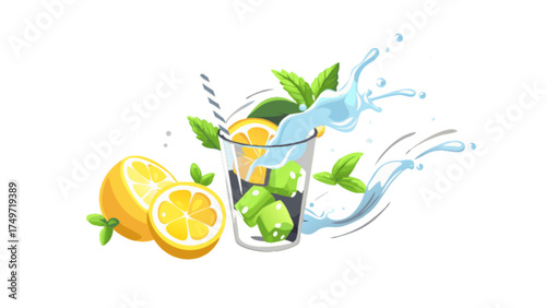 Refreshing summer drink with lemon and mint illustration for beverage and cocktail designs ideas