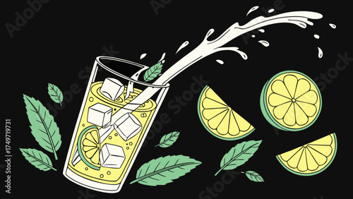 Refreshing lemonade drink illustration with ice cubes, mint leaves and lemon slices on black background