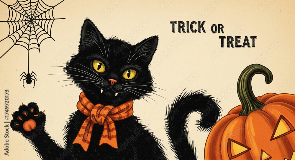 Obraz premium Illustration of black cat wearing orange scarf, pumpkin, spider and web, creates a Halloween atmosphere, ideal for greeting cards or spooky themed designs
