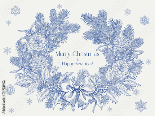 Toile Christmas wreath botanical frame fir branches holly mistletoe berries bow snowflakes on background Vector vintage illustration for design greeting card holiday decor poster Hand drawn blue beige