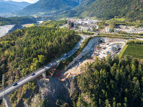 Ponte Riga near Varna and the A22, with the famous Brenner Base Tunnel construction site in the background, merging engineering and Alpine scenery.