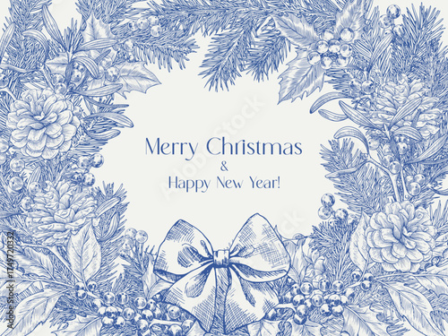 Vintage Toile Christmas botanical frame fir branches holly mistletoe berries bow. Vector illustration. Background for design greeting card holiday decor poster. Hand drawn engraved elements blue beige