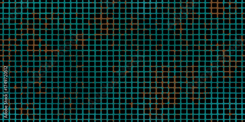 Turquoise patina rusty grate seamless patern. Aged bg with grunge texture. Old worn metal background. Metal mesh with distressed oxidation effect. Vector illustration.