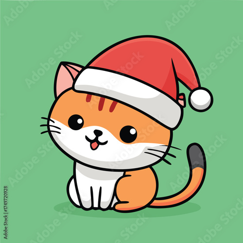 Cute cartoon kitten wearing a red and white Santa hat, sitting with a happy expression on a green background.