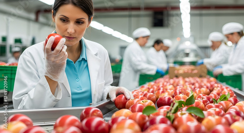 Quality control inspector examining ripe fruit in a factory setting