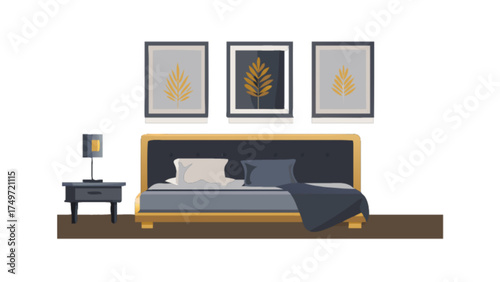 Modern bedroom interior design with bed nightstand and leaf art prints for home decor inspiration