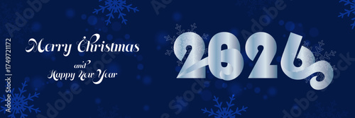  Merry Christmas ,  Happy New Year 2026 Banner, Card,  with shiny snowflakes on a dark background. Vector illustration