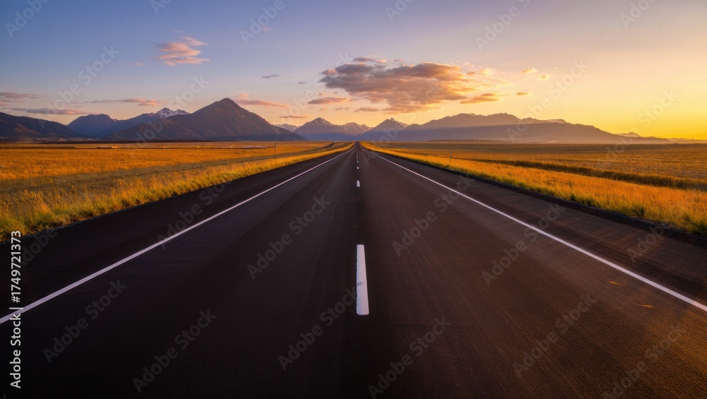 Naklejka premium Endless Asphalt Highway Stretching Towards Majestic Snow-Capped Mountains Under Golden Sunset Sky Dramatic Clouds Warm Sunlight Illuminating Golden Fields Vast Landscape Scenic Vista Journey