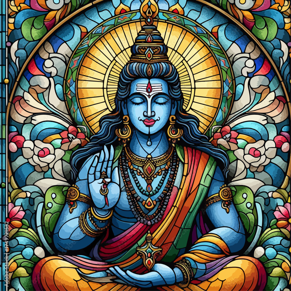 Fototapeta premium Vibrant stained glass depiction of a blue-skinned Hindu deity, possibly Shiva or Vishnu, in a meditative pose with intricate patterns and a radiant halo.