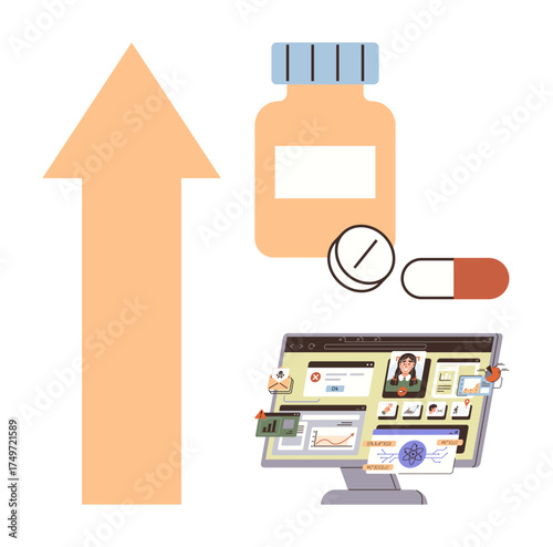 Upward arrow, medicine bottle, pills, and computer screen with healthcare platform elements. Ideal for healthcare, digital growth, pharmacy, technology, telemedicine innovation simple flat metaphor