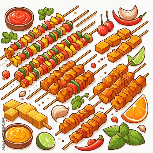A vibrant and appetizing assortment of grilled skewers and dipping sauces, featuring colorful vegetables and marinated meats, presented with fresh garnishes.