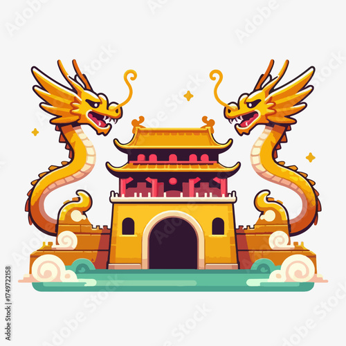 Vibrant illustration of a traditional Chinese gate with a pagoda roof, flanked by two majestic golden dragons, set against a simple white background.
