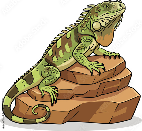 Detailed Cartoon Iguana Vector Illustration on Layered Rock – Realistic Green Lizard Reptile Design