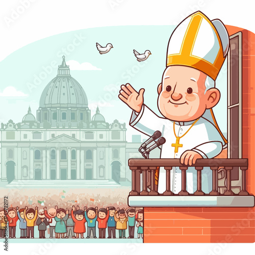 A cartoon illustration of the Pope waving to a joyful crowd from a balcony with St. Peter's Basilica and doves in the background.