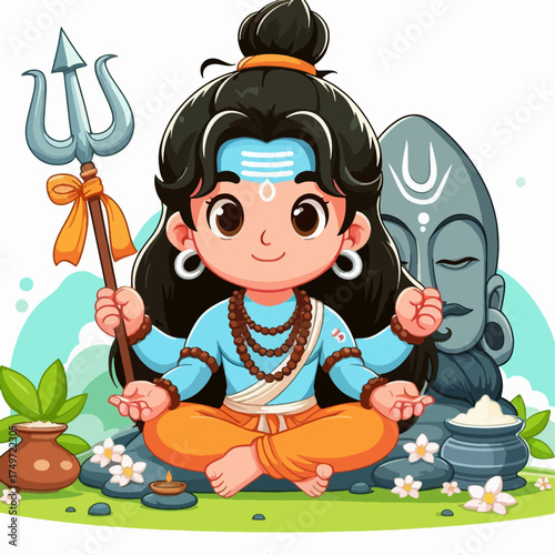 A cute cartoon illustration of Lord Shiva meditating with a trishul and Shiva lingam in a serene setting.