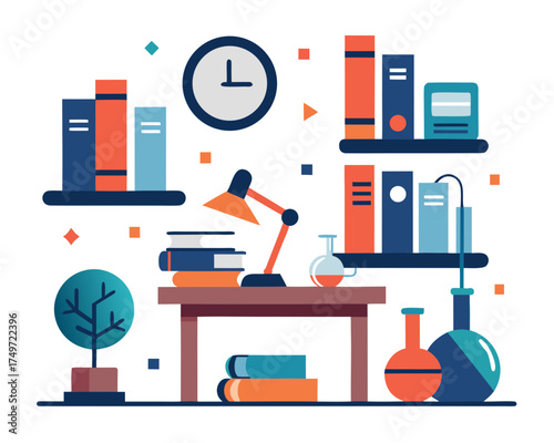 A colorful flat design illustration of a desk with books a lamp a plant and science beakers