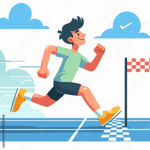 A young man is running towards the finish line with a determined expression on his face.