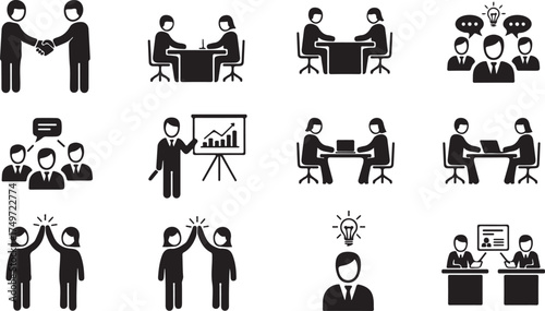 Business collaboration teamwork icons set diverse scenarios meetings presentations brainstorming high fives vector
