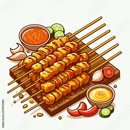 A close-up illustration of delicious chicken satay skewers served with peanut sauce and chili sauce on a wooden board.