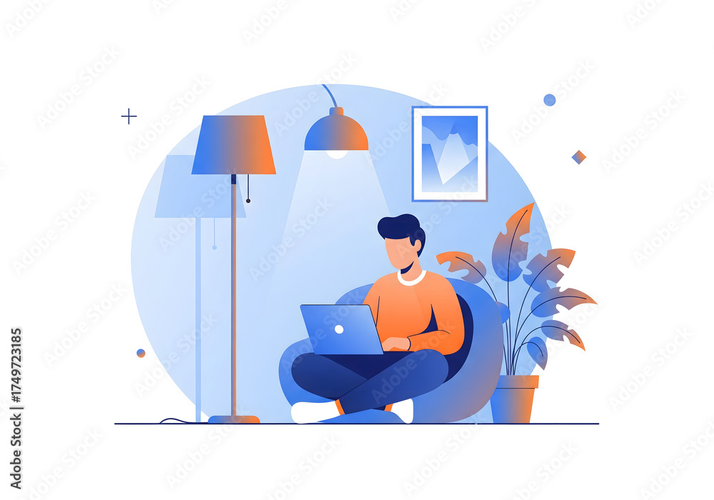 Obraz premium Stylized Indoor Scene with Person Using Laptop in Cozy Chair – Modern Remote Work or Study Illustration in Blue and Orange Tones