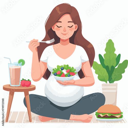 A happy pregnant woman sitting cross-legged, enjoying a fresh salad, promoting healthy eating during pregnancy.