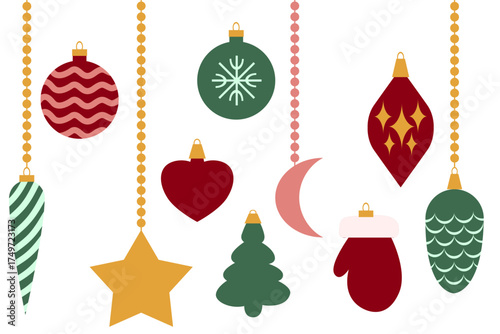 Colorful Christmas ornaments illustration with baubles, star, heart, moon, mitten, and tree shapes hanging on strings. Festive holiday decoration clipart for winter design projects.
