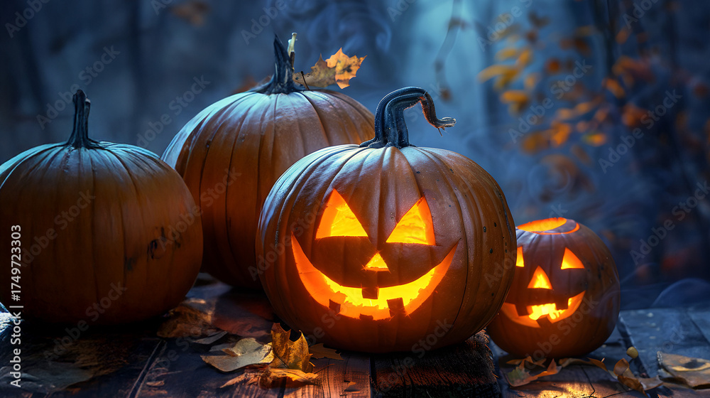 Obraz premium Shining carved Halloween pumpkins lying on the wooden board in a mystical autumn forest at night. Concept of Halloween celebration, Trick or Treat and season.
