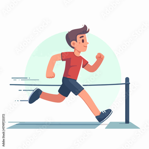 A cartoon illustration of a young boy in a red shirt and blue shorts running a race towards a finish line with speed lines.