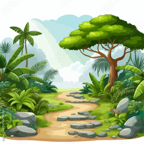 A winding stone path leads through a lush, vibrant jungle with tall trees, exotic plants, and a bright sky.
