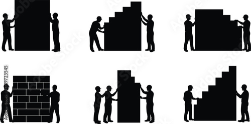 Construction workers silhouettes with walls, teamwork, building process, safety, architecture, engineering, labor, teamwork discussion, construction industry vector illustration