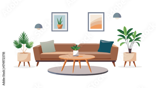 Modern living room interior design with sofa, plants, table, pillows, and wall art illustration