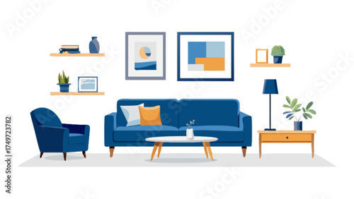 Modern living room interior design with blue sofa armchair and decor elements illustration