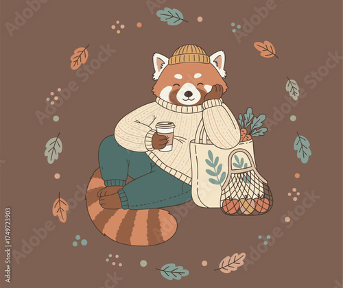 Adorable red panda sitting with a coffee cup in a knitted sweater and beanie hat, surrounded by falling leaves in autumn colors