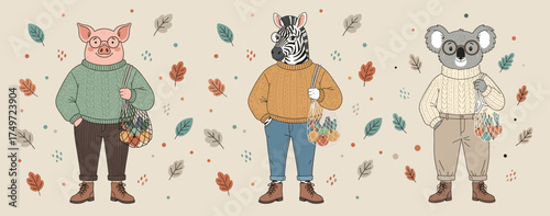 Three animal friends — pig, zebra, and koala — dressed in cozy fall sweaters holding eco bags with leaves. Soft, cute, and friendly illustration in pastel tones.